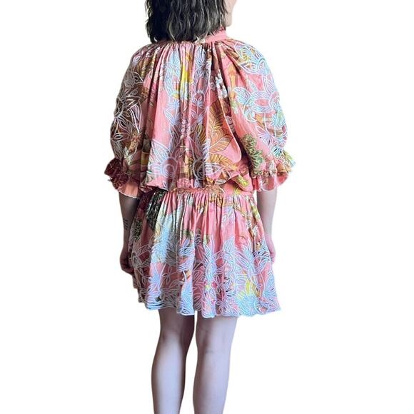 Juliet Dunn Pink Floral Cotton Dropwaist Blouson Puff Sleeve Dress US 2 4 - Picture 5 of 6